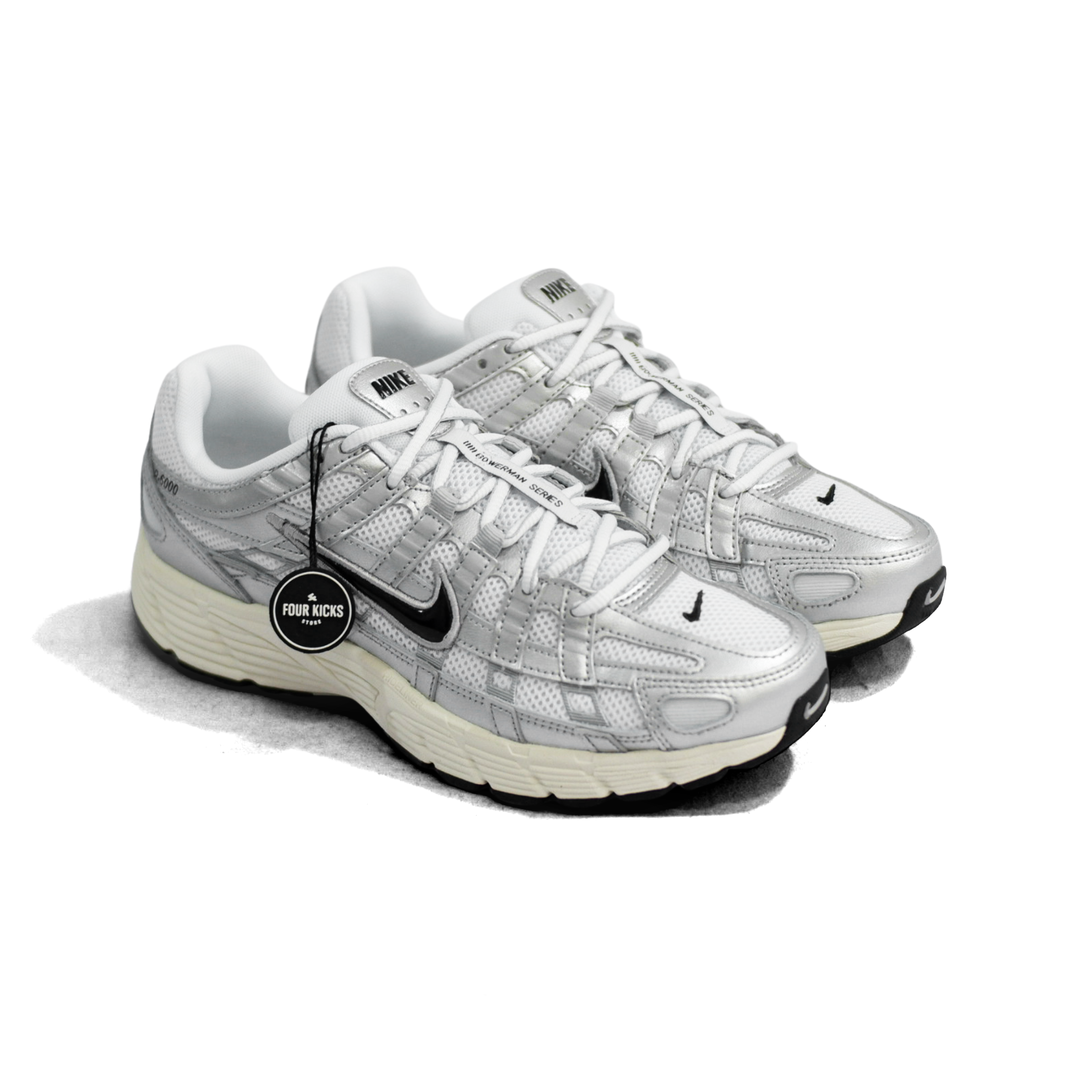 556 Nike P-6000 White Metallic Silver Flat Silver Black Unisex CD6404 105 - Image 1